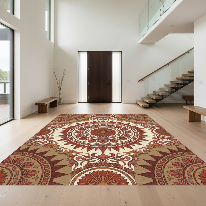 Terracotta Crimson Medallion Floral Rug