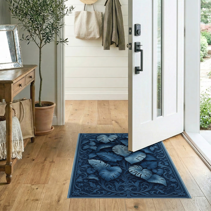 Blue Monstera Leaf Floral Vintage Area Rug