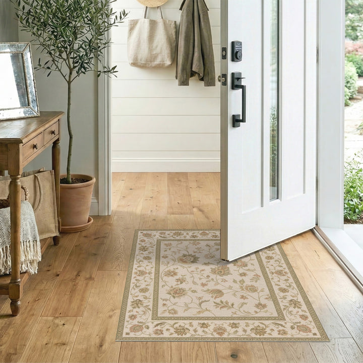 Floral Vintage Beige Area Rug with Green Accents