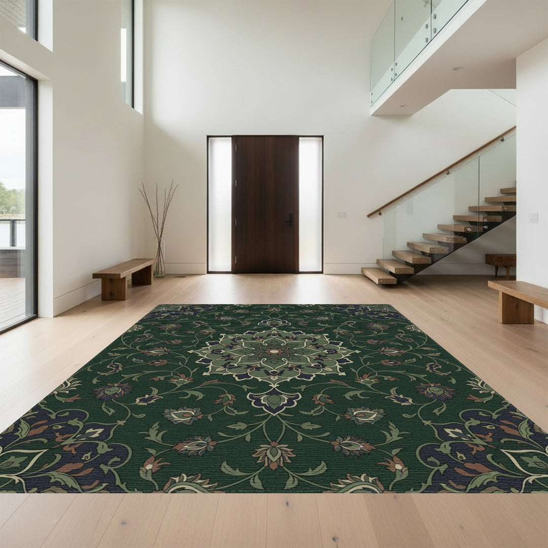 Deep Forest Green Floral Medallion Rug