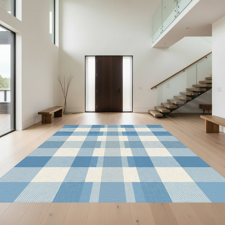 Serene Blue Checkered Grid Rug