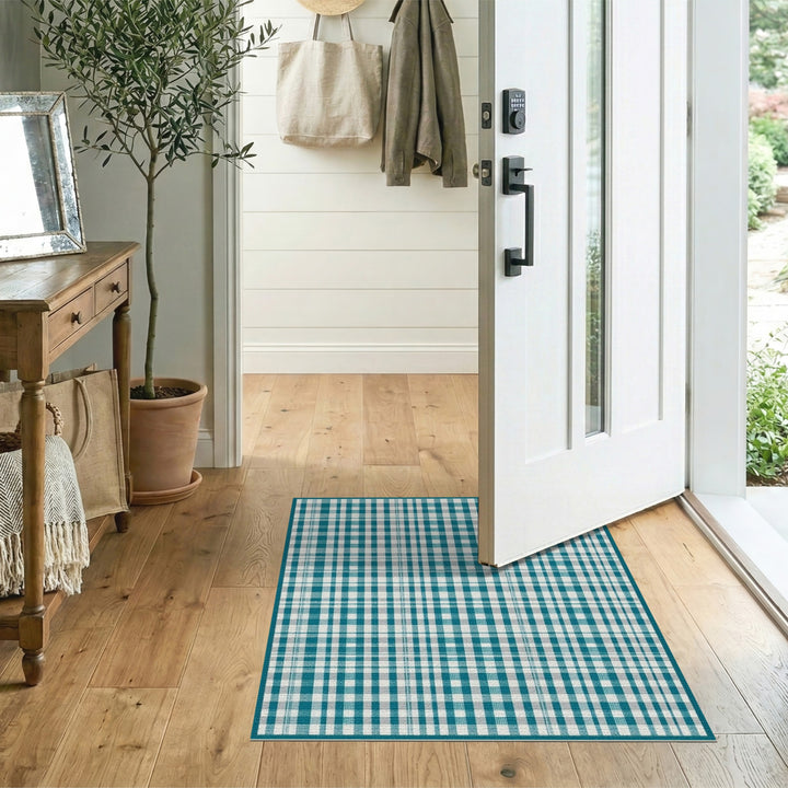 Blue Teal Checkered Washable Area Rug
