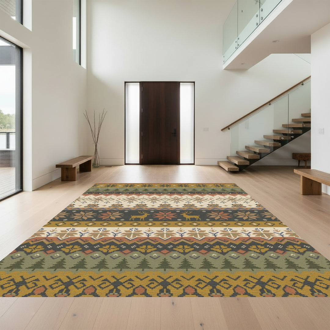Earthy Woodland Deer Snowflake Stripes Rug