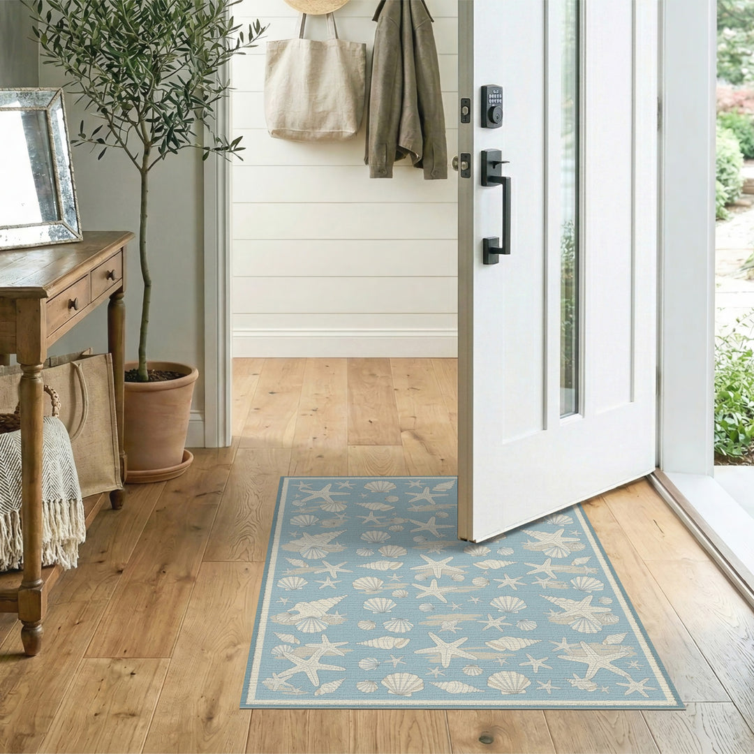 Blue Coastal Seashell Starfish Washable Area Rug