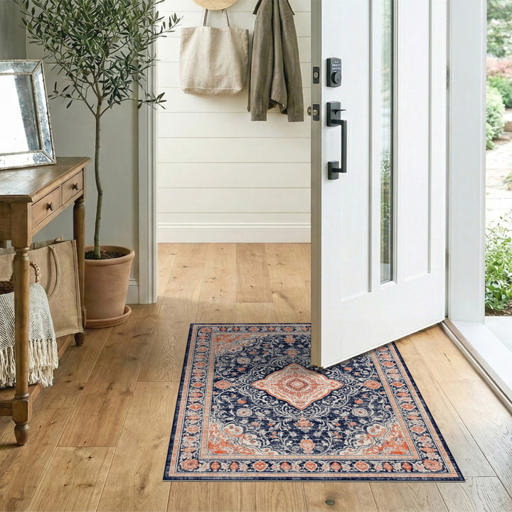 Navy Blue Distressed Vintage Medallion Area Rug