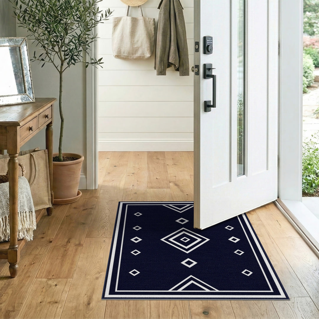 Black and White Navy Geometric Diamond Area Rug
