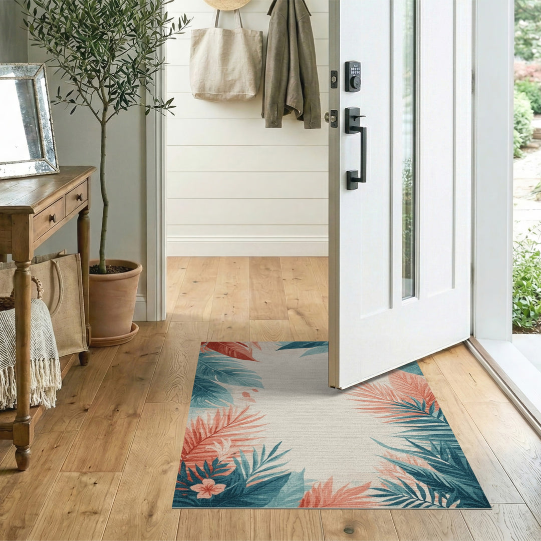 Blue Teal Coastal Leaf Area Rug
