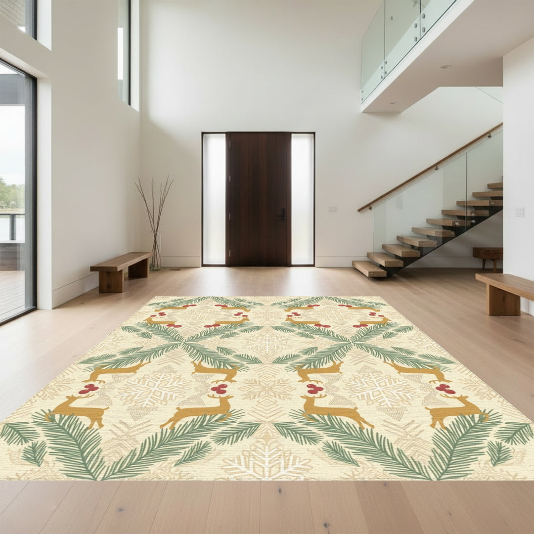 Golden Reindeer Pine Berry Snowflakes Rug