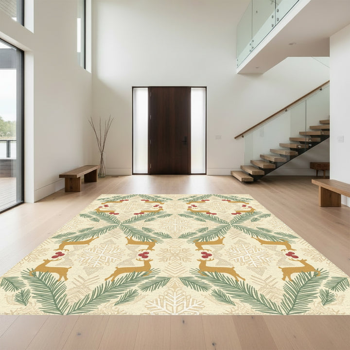 Golden Reindeer Pine Berry Snowflakes Rug