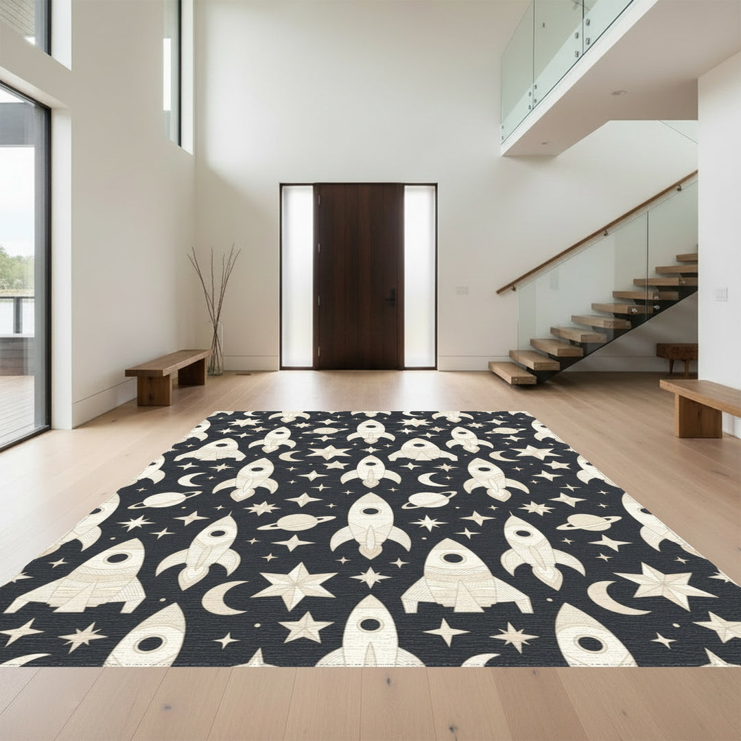 Cream Rockets Stars Moon Planets Rug
