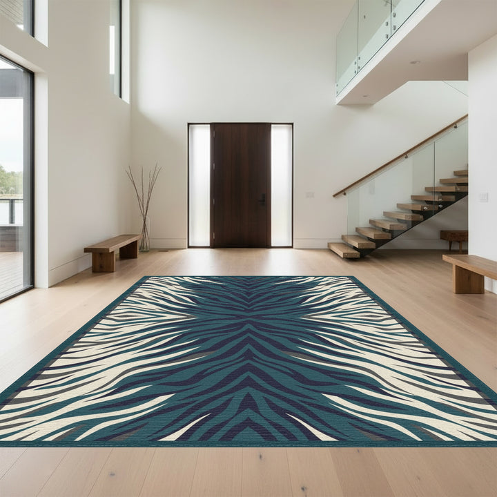 Deep Teal Zebra Stripe Symmetry Rug