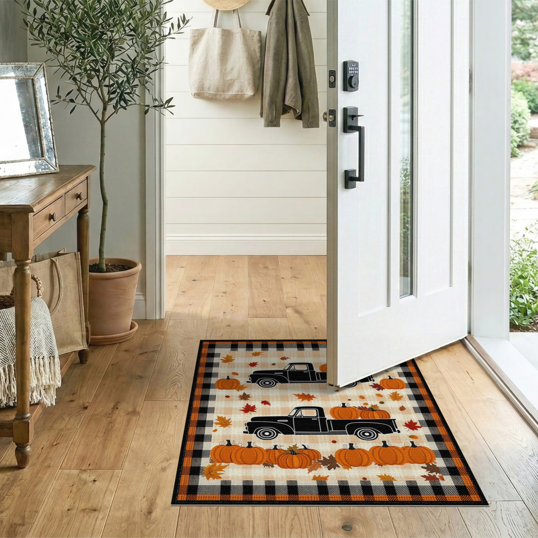 Autumn Pumpkin Truck Orange Plaid Area Rug