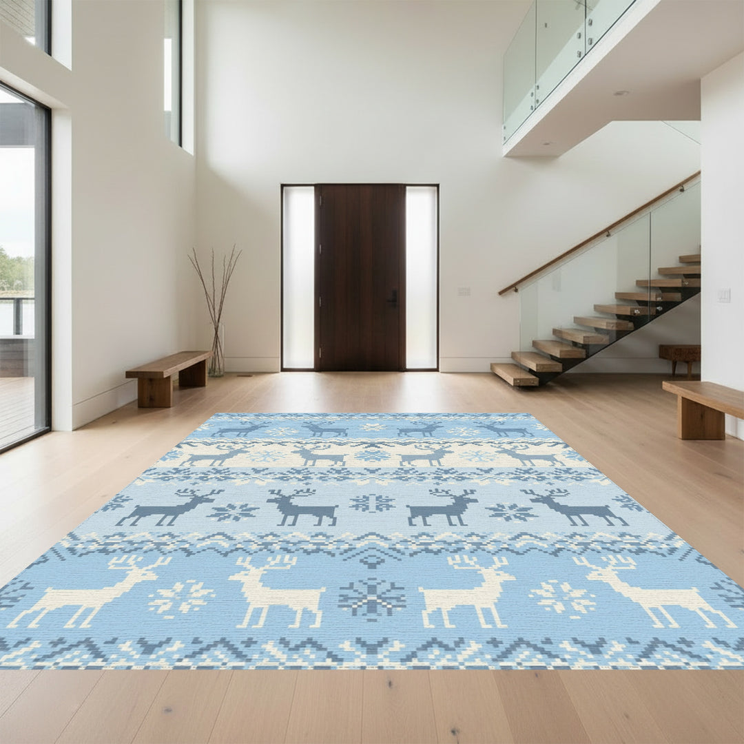 Winter Blue Reindeer Snowflake Pixel Rug