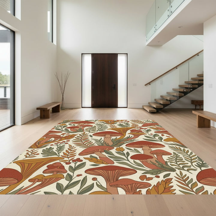 Rusty Mushroom Forest Foliage Scene Rug
