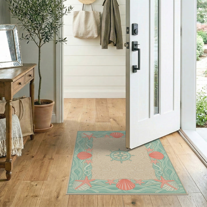Teal Coastal Seashell and Starfish Area Rug