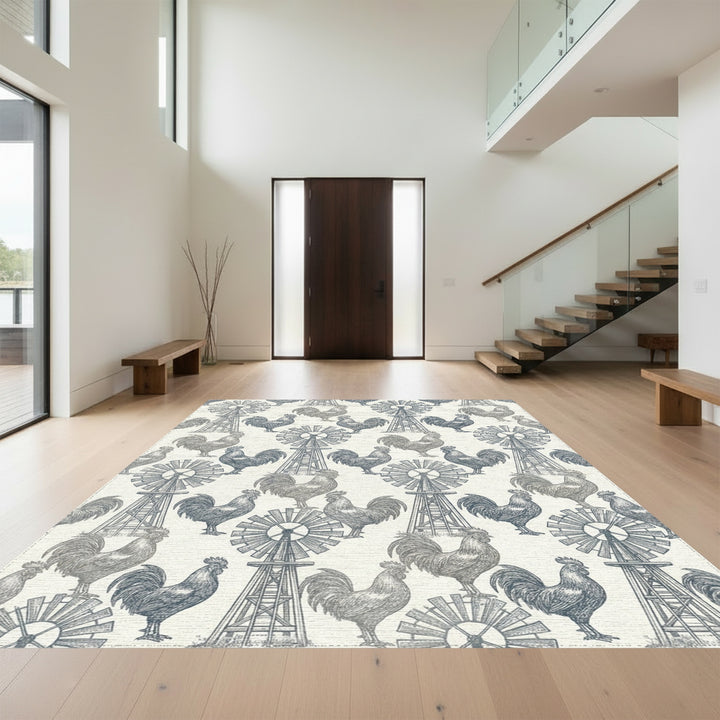 Farmhouse Roosters Windmill Sketch Rug