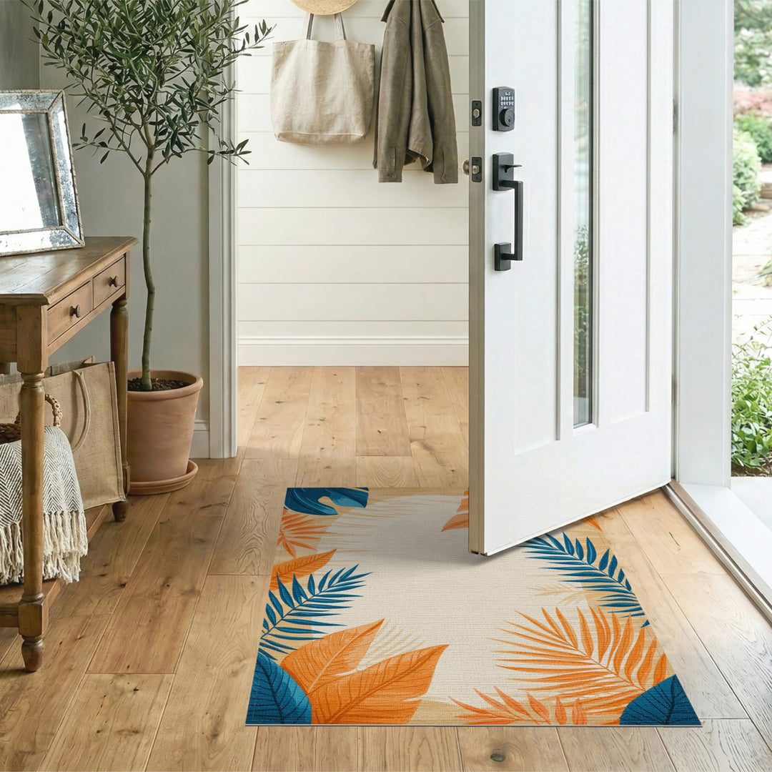 Blue and Orange Palm Leaf Area Rug