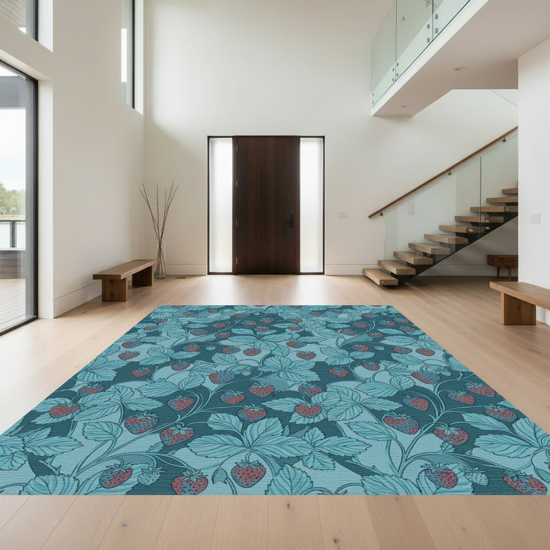 Teal Strawberry Vine Botanical Medallion Rug
