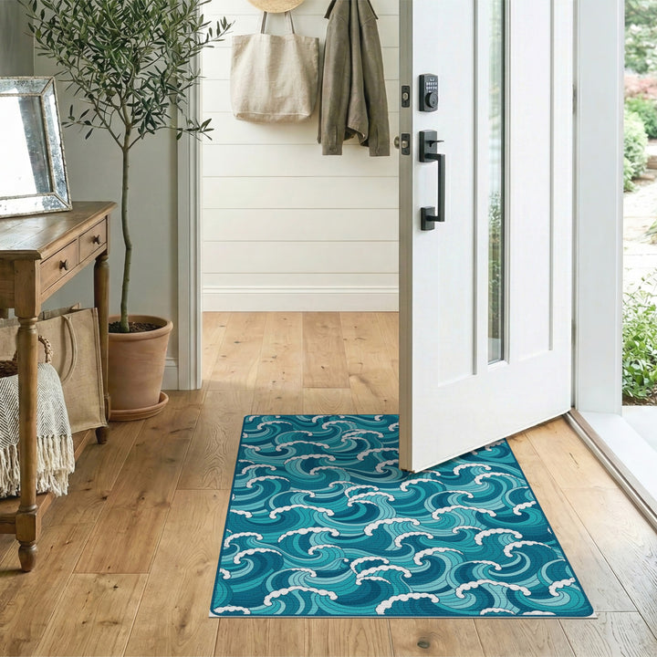 Blue and Teal Coastal Beach Blue Teal Ocean Wave Area Rug