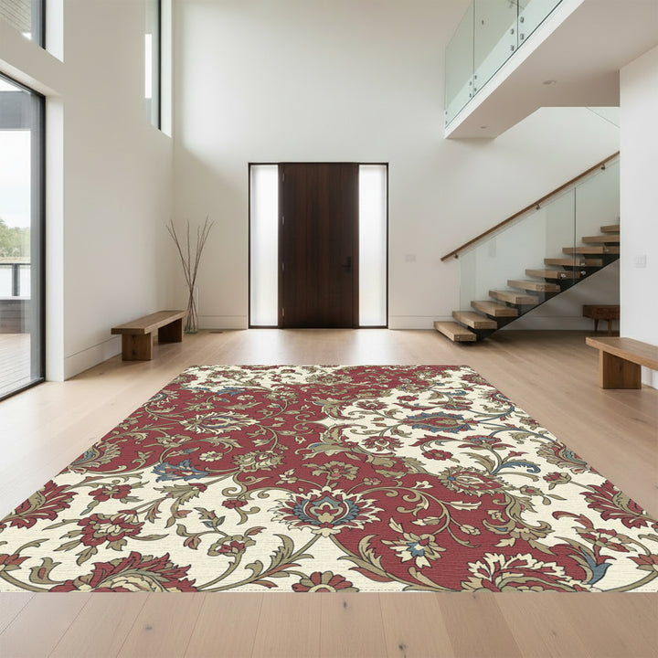 Rich Red Floral Garden Serpentine Rug