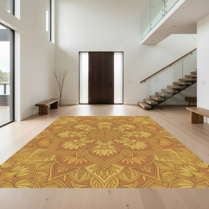 Warm Ochre Lotus Mandala Rug