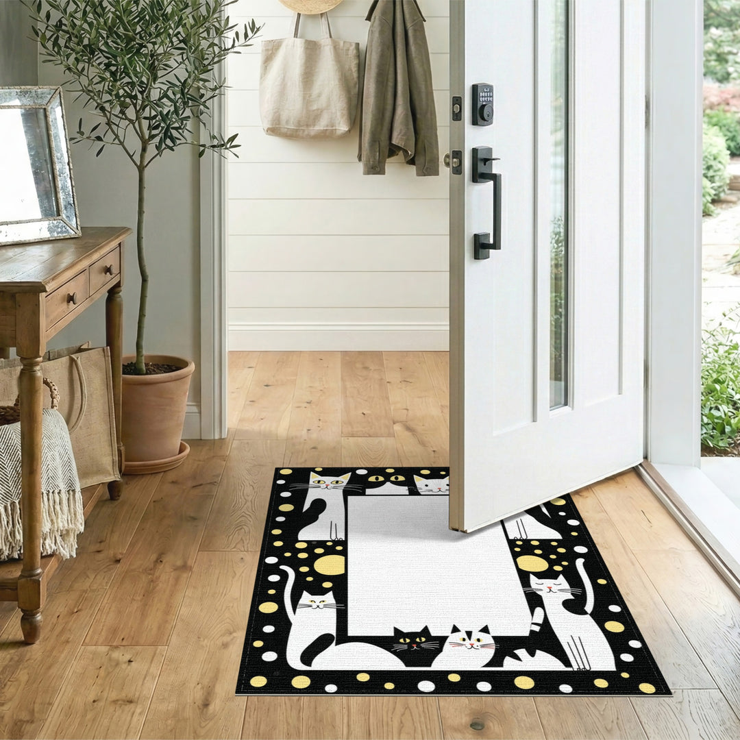 Black White Cartoon Cat Kids Area Rug