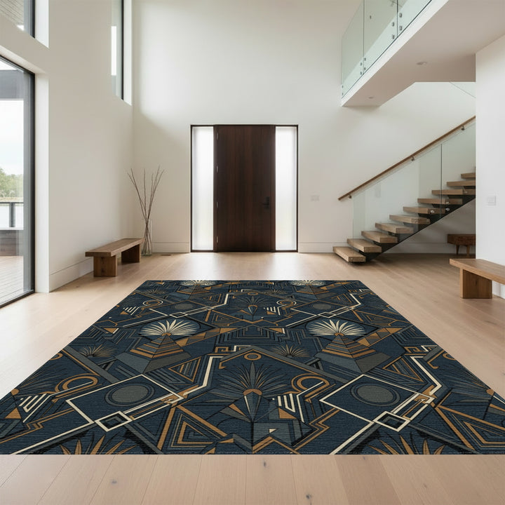 Geometric Navy Gold Fan Art Deco Rug