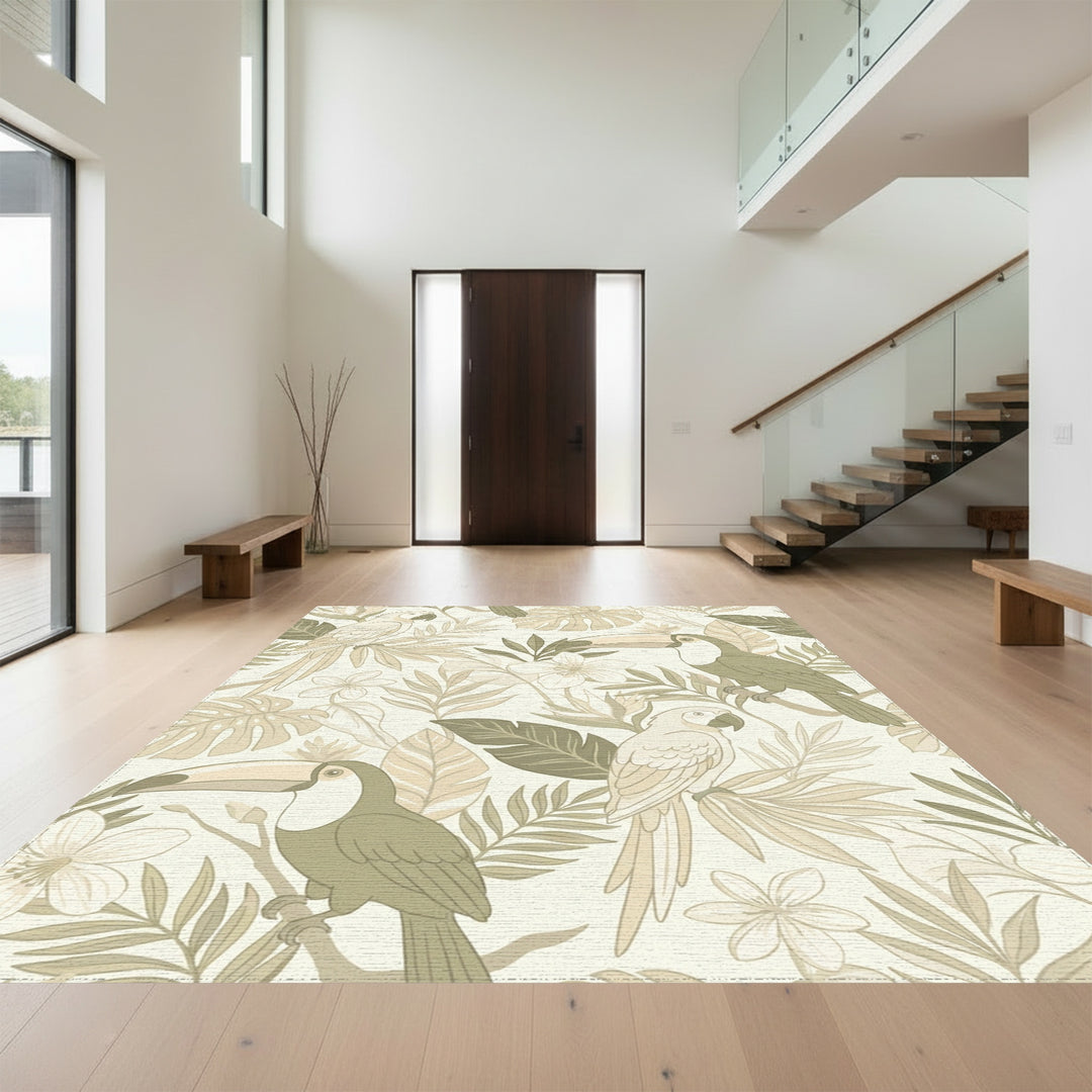 Toucans Parrots Tropical Foliage Beige Rug