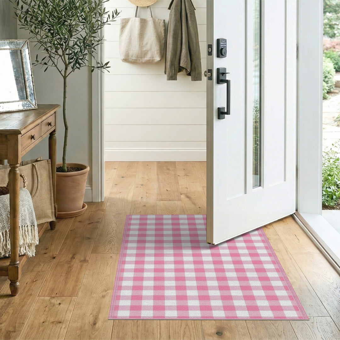 Rustic Farmhouse Pink Gingham Check Washable Area Rug