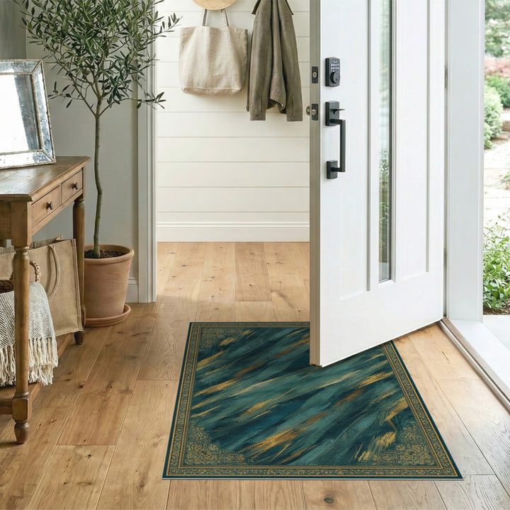 Teal Gold Abstract Brushstroke Area Rug