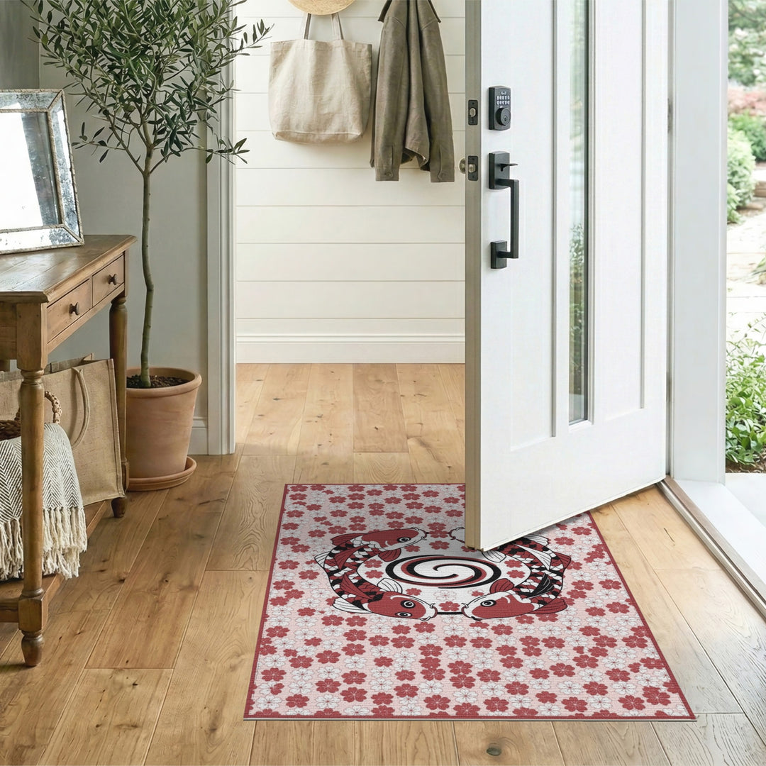 Koi Fish Circle Pink Floral Rug