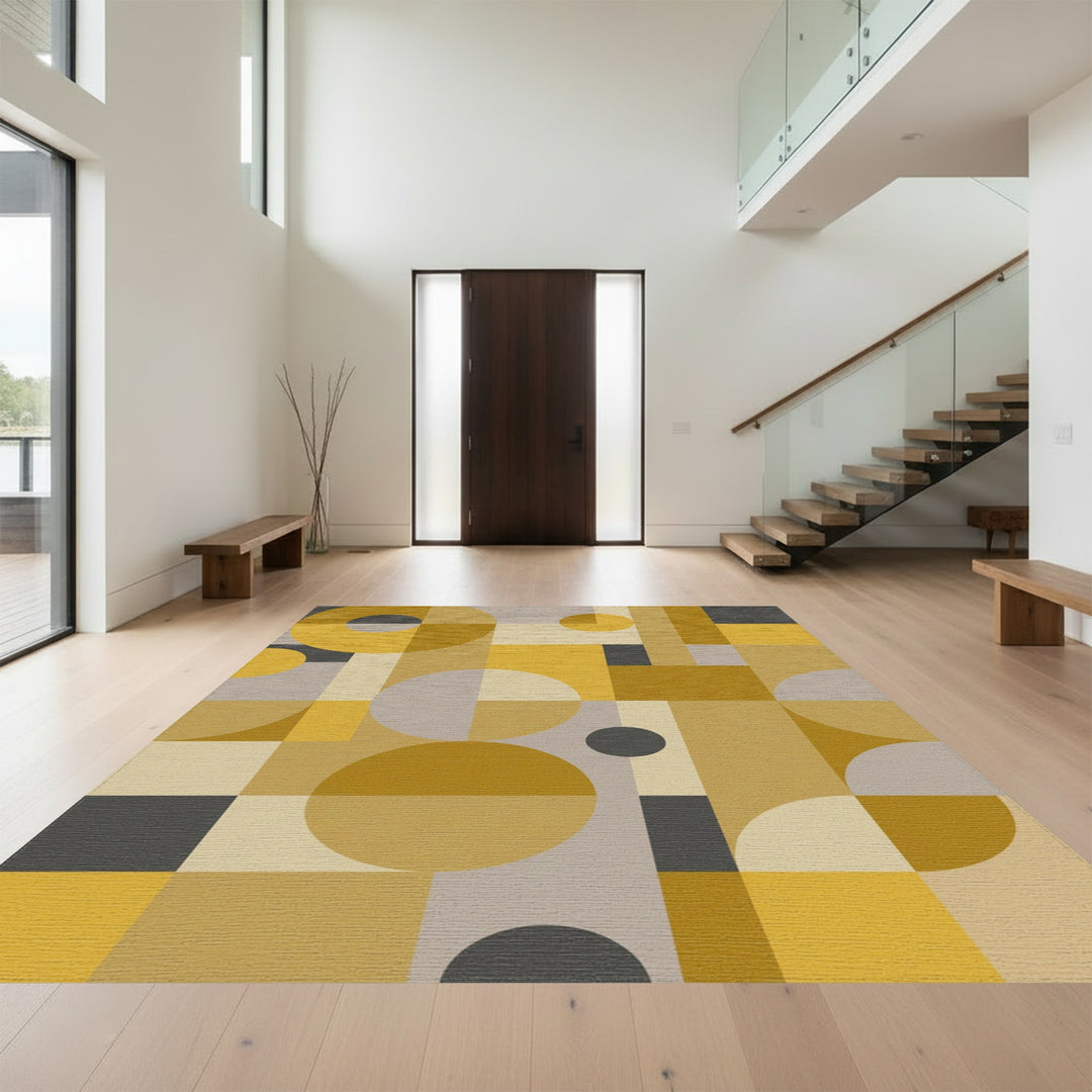 Mustard Yellow Geometric Circles Squares Rug