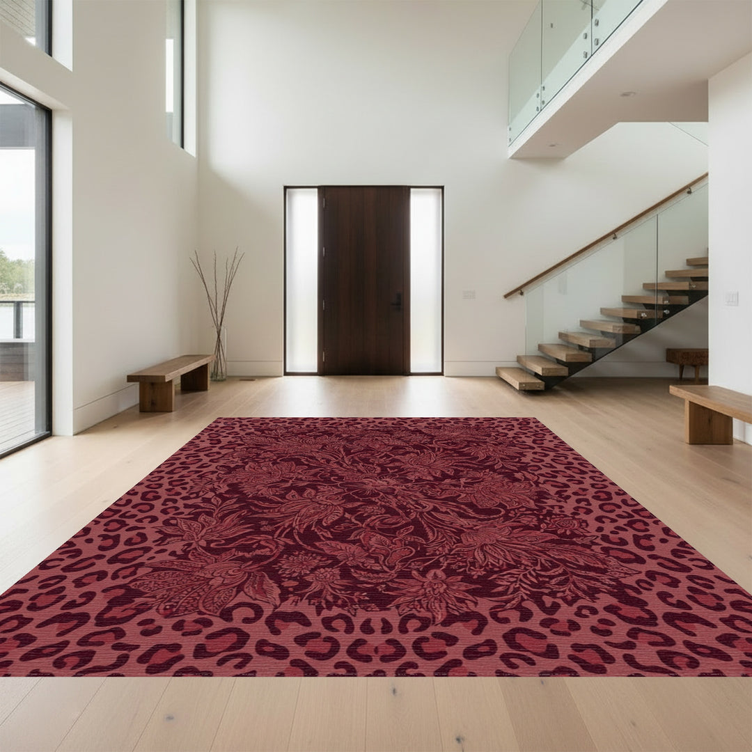 Dark Red Floral Leopard Medallion Rug