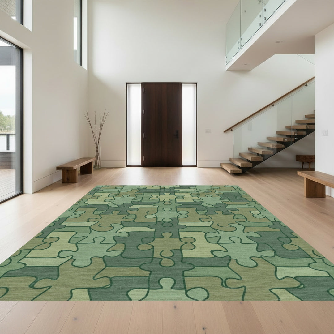 Green Camouflage Puzzle Piece Arrangement Rug