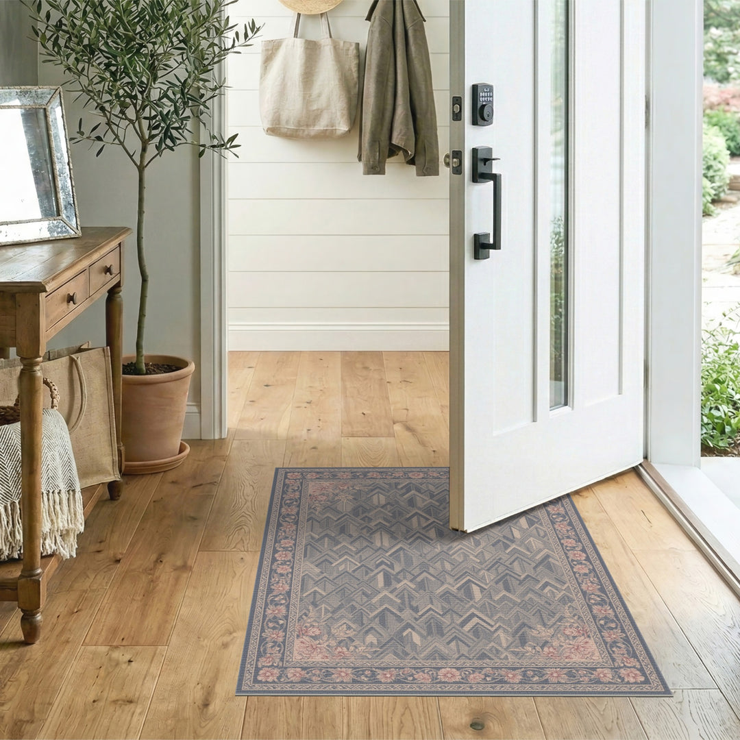 Blue Chevron Geometric Area Rug with Floral Border