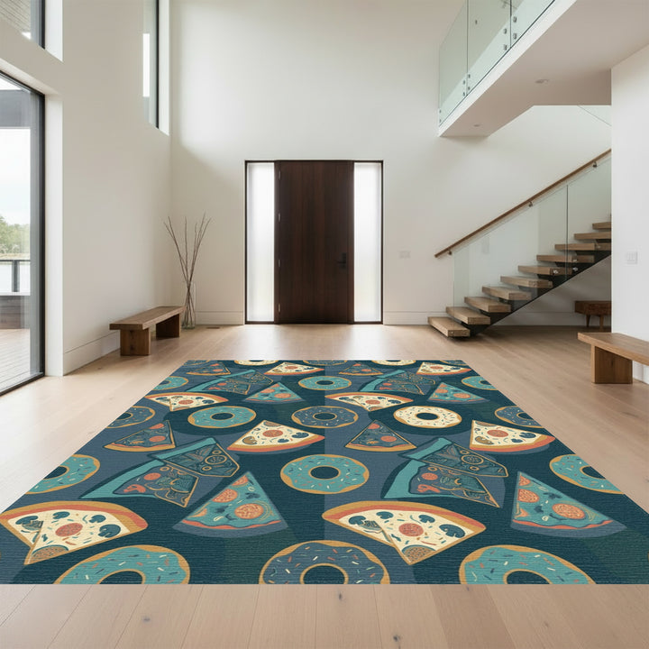 Whimsical Pizza and Donuts Navy Rug