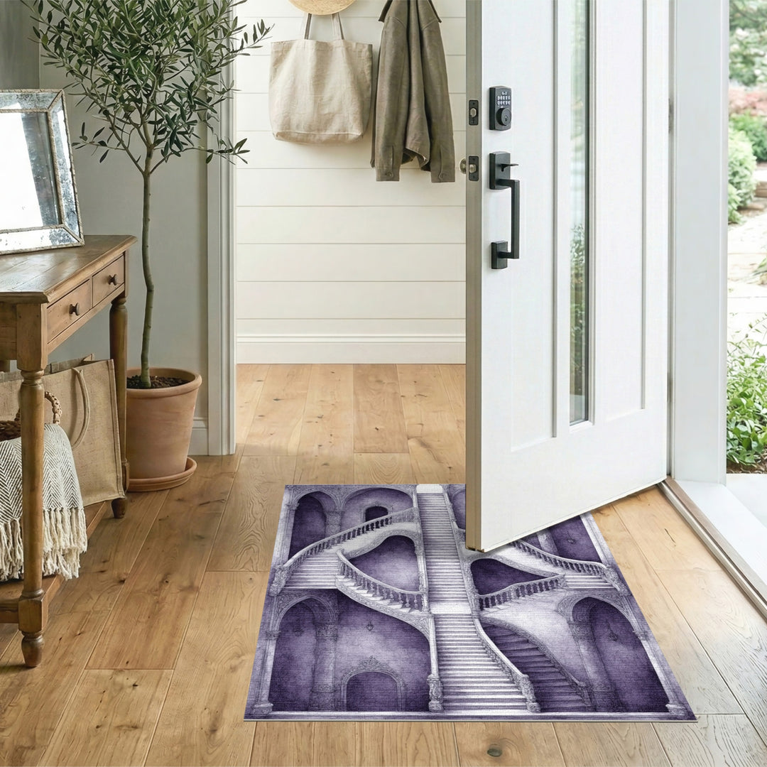 Purple Ornate Staircase Distressed Rug