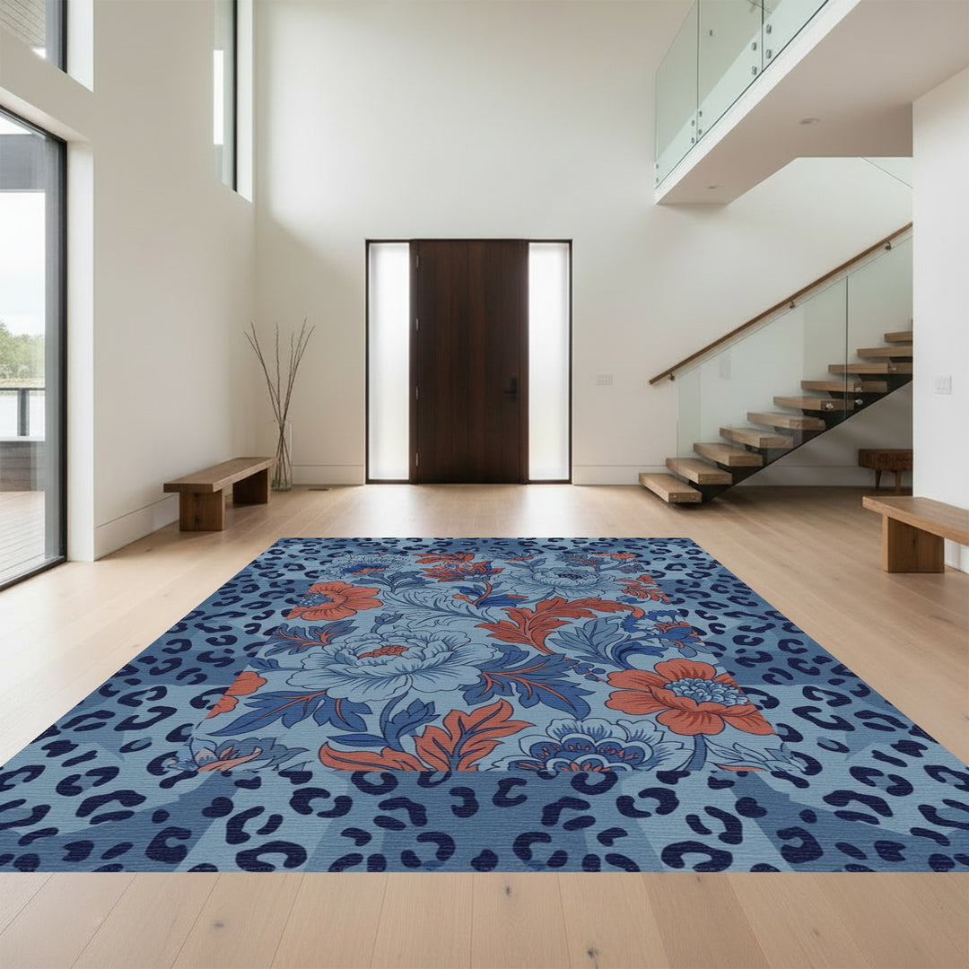 Blue Coral Floral Leopard Patchwork Rug