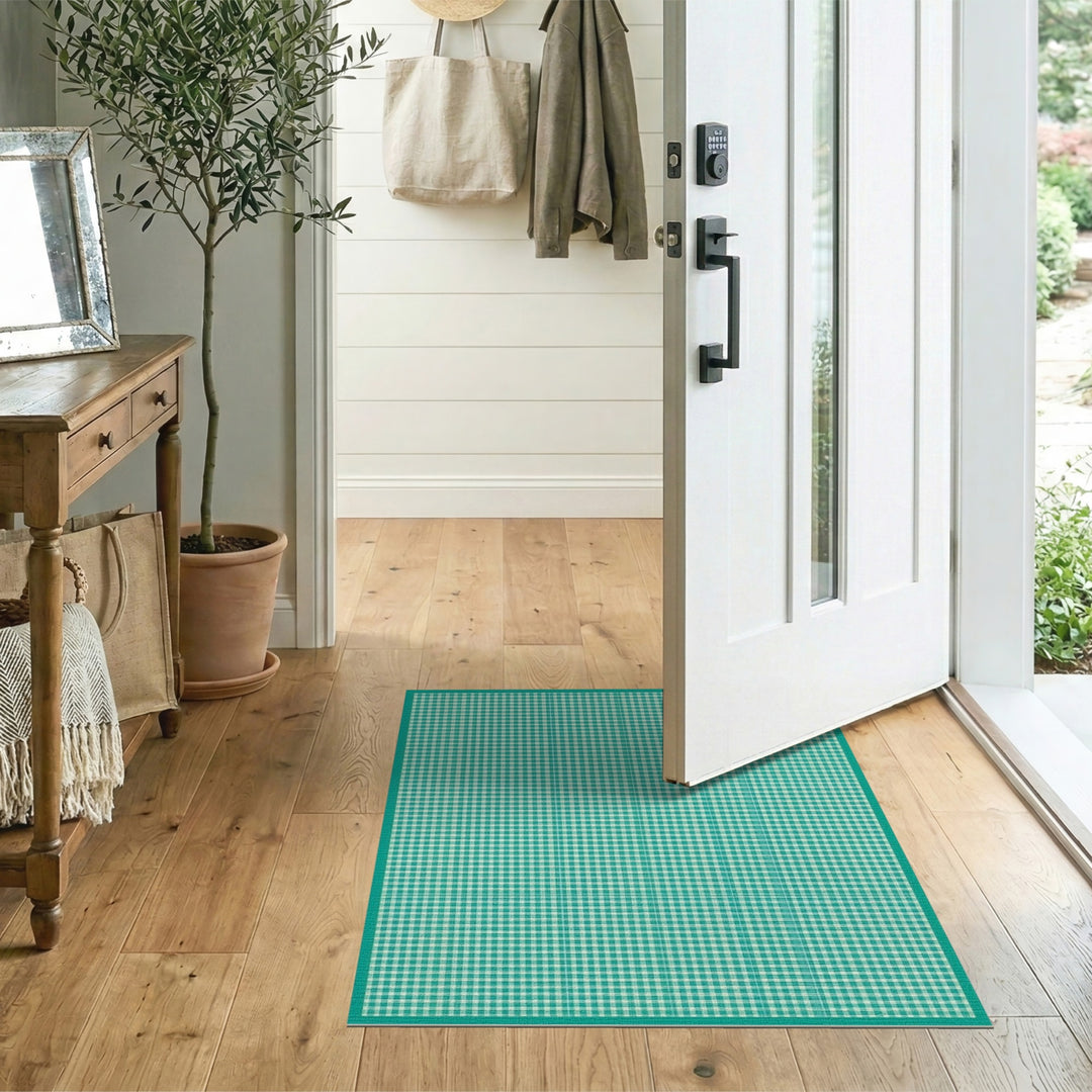 Teal Gingham Checkered Washable Area Rug