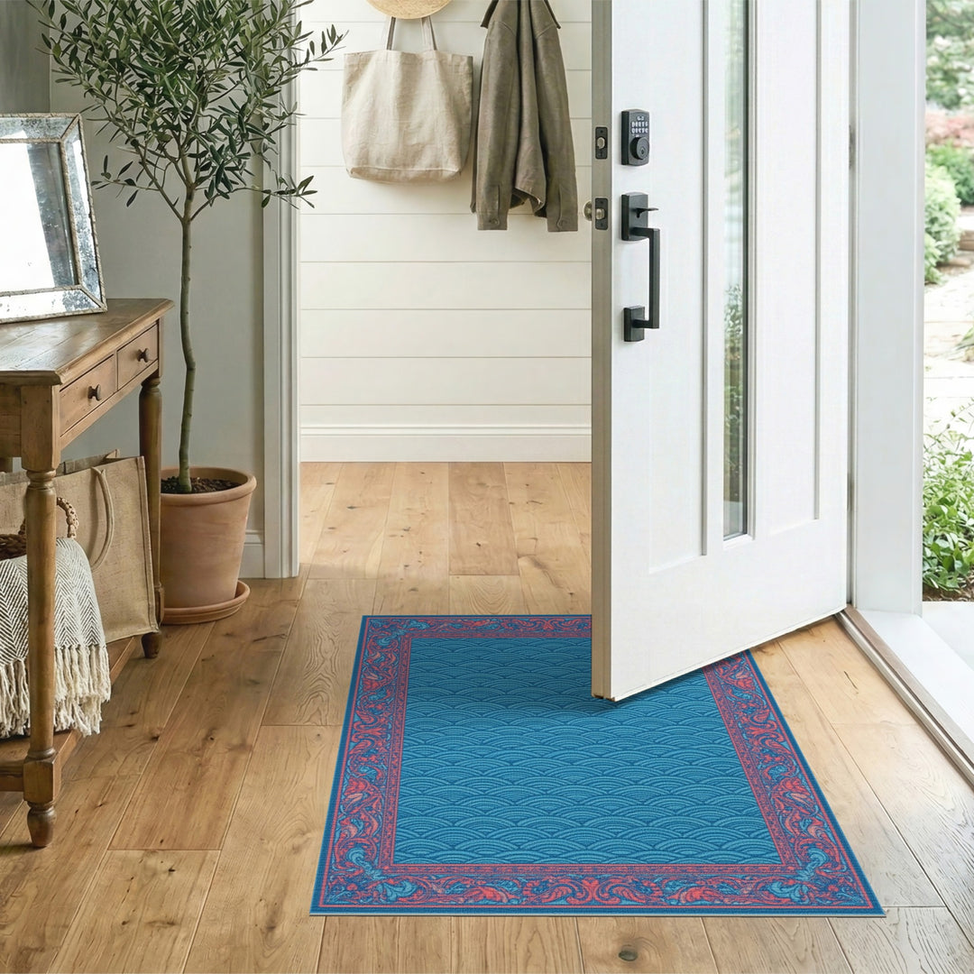 Blue Wave Floral Border Area Rug