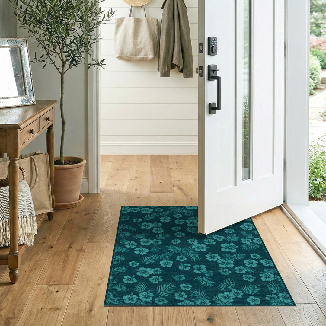 Coastal Teal Hibiscus Area Rug