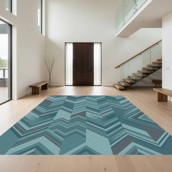 Teal Chevron Geometric Overlay Rug