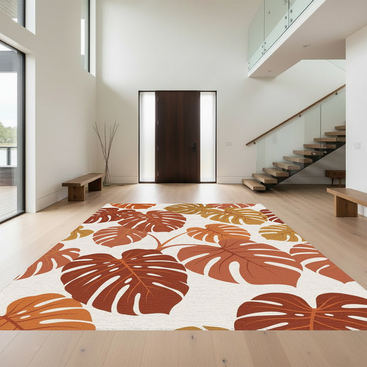 Earthy Monstera Leaf Tropical Weave Rug