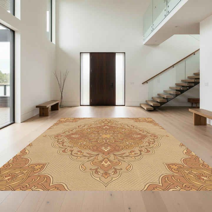 Terracotta Golden Floral Filigree Medallion Rug
