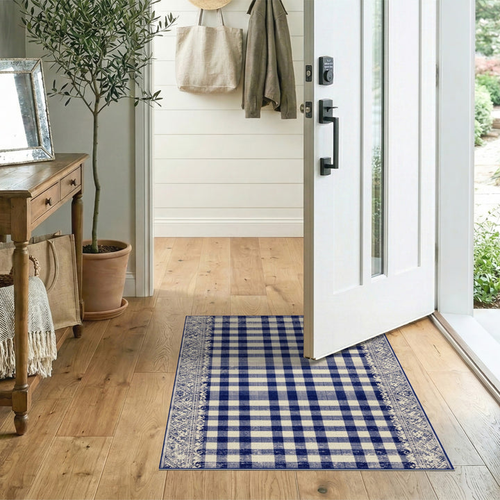 Navy Blue Checkered Vintage Area Rug