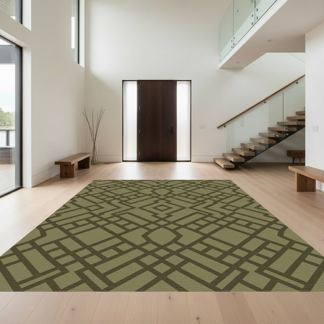 Olive Green Interlocking Geometric Lattice Rug
