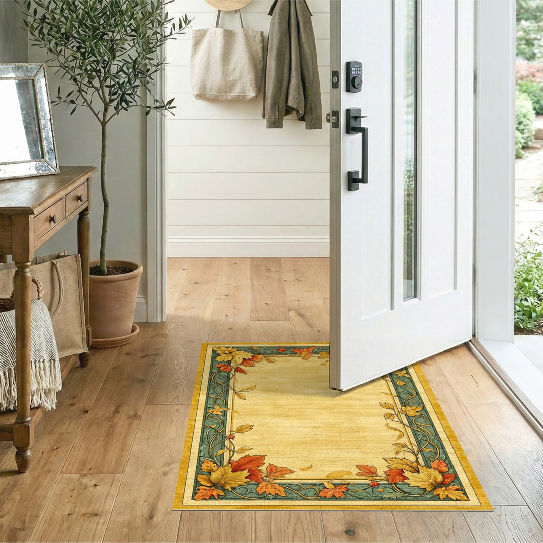Vintage Teal Autumn Leaf Border Area Rug