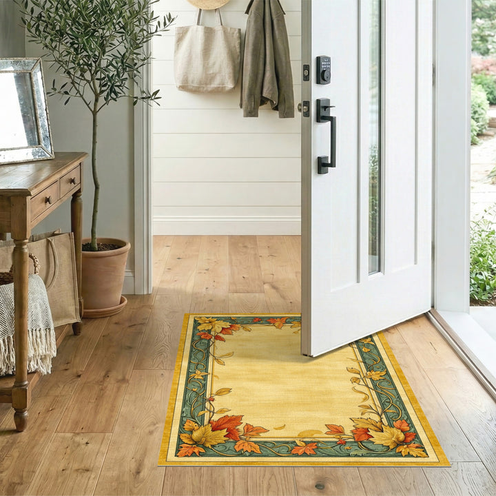 Vintage Teal Autumn Leaf Border Area Rug