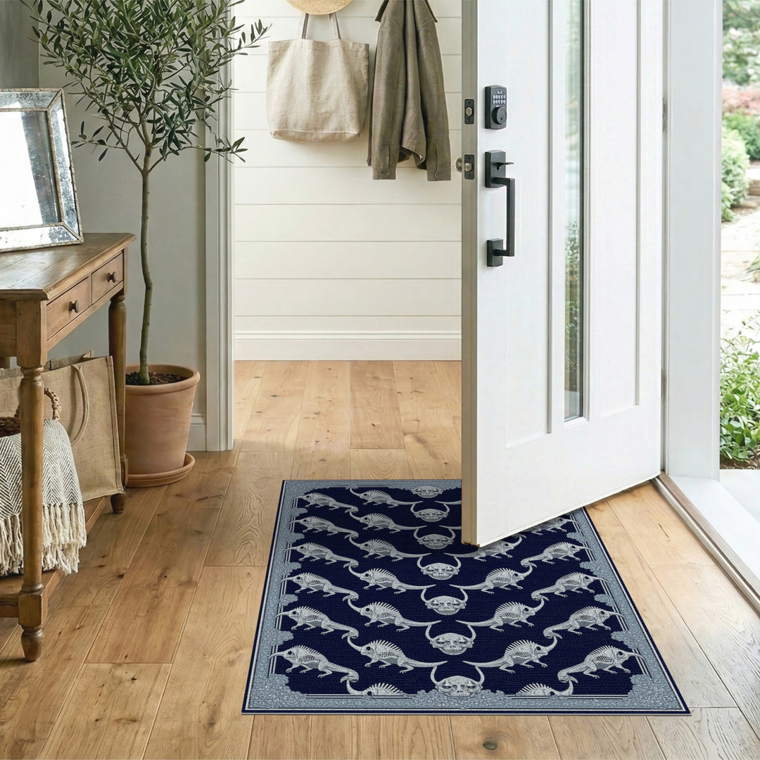 Dinosaur Skeleton Skull Navy Area Rug