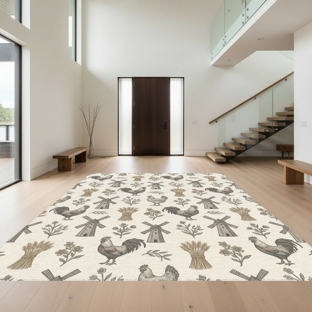 Farmhouse Roosters Windmills Wheat Blossoms Rug